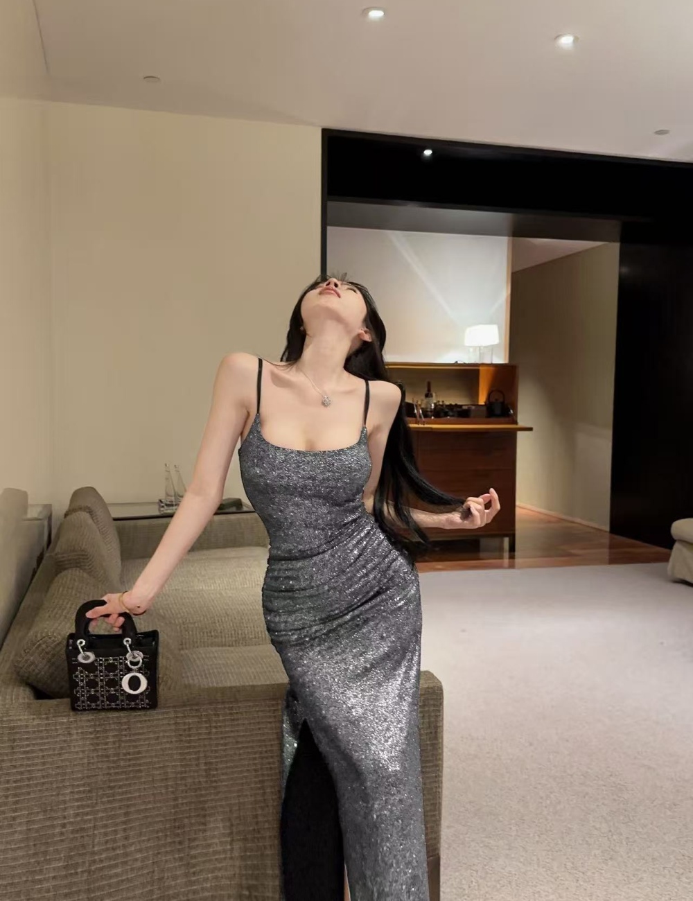 Bottoming long sexy tight slit sling flash low-cut dress