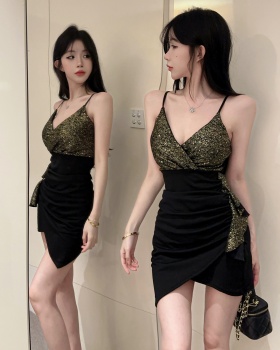 Tassels short splice low-cut bottoming sling dress