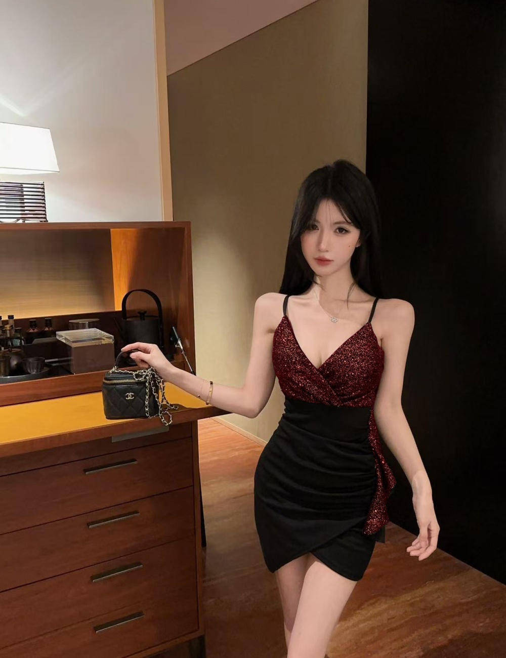 Tassels short splice low-cut bottoming sling dress