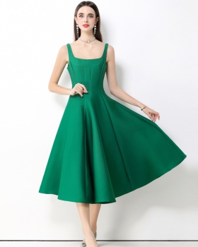 Slim commuting sling green elegant pinched waist dress