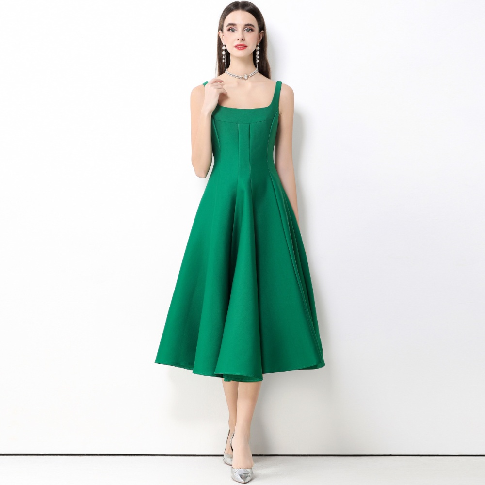 Slim commuting sling green elegant pinched waist dress