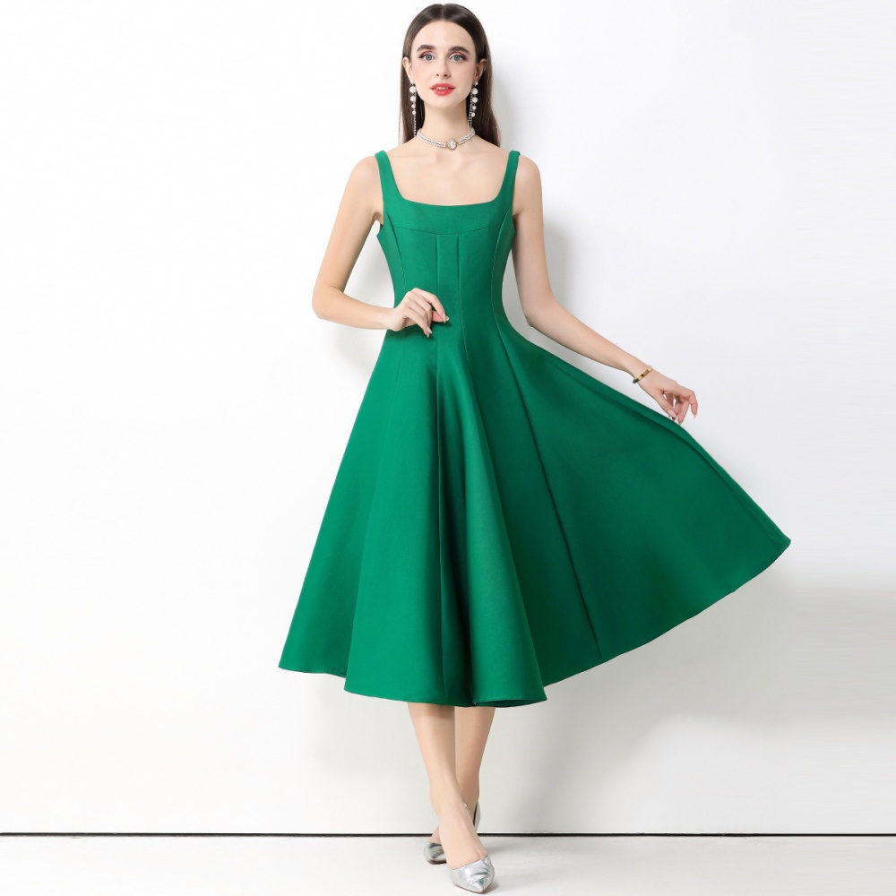 Slim commuting sling green elegant pinched waist dress