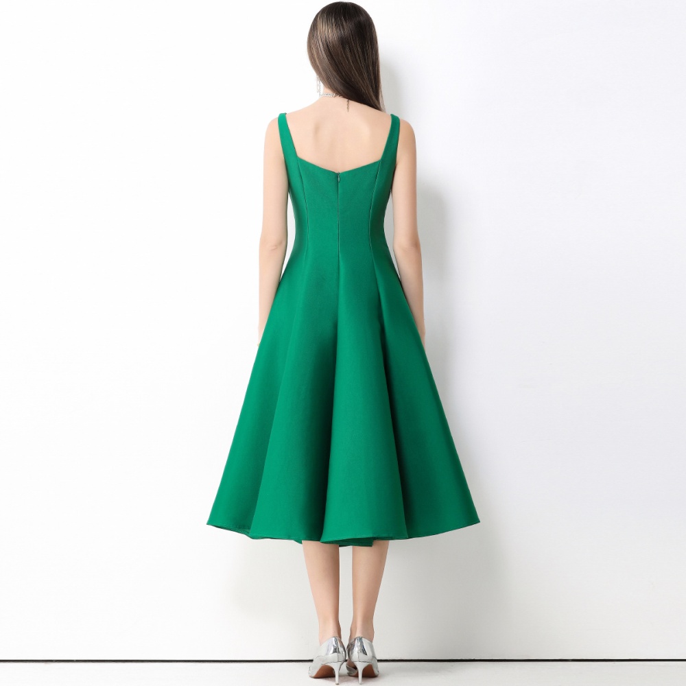 Slim commuting sling green elegant pinched waist dress