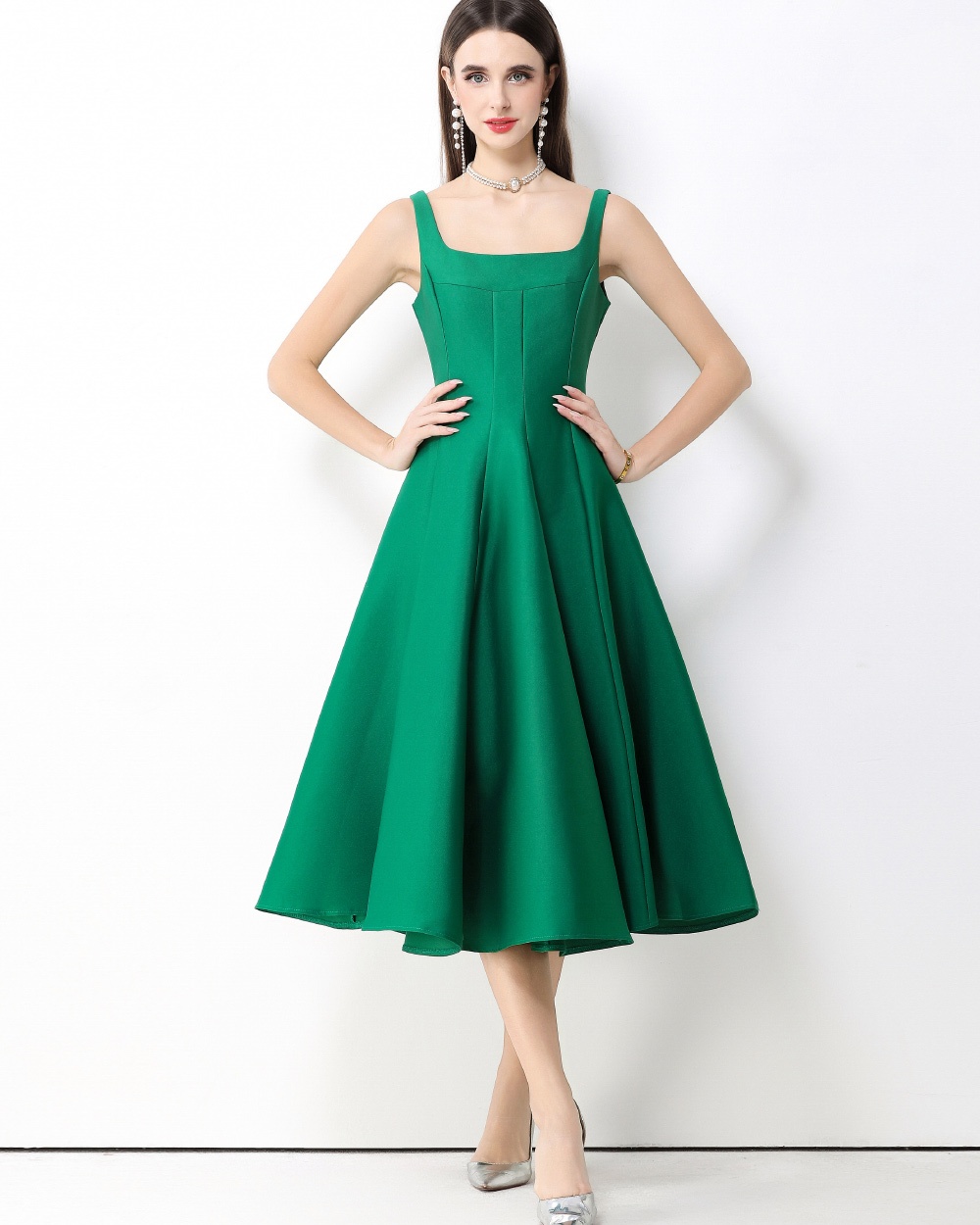 Slim commuting sling green elegant pinched waist dress