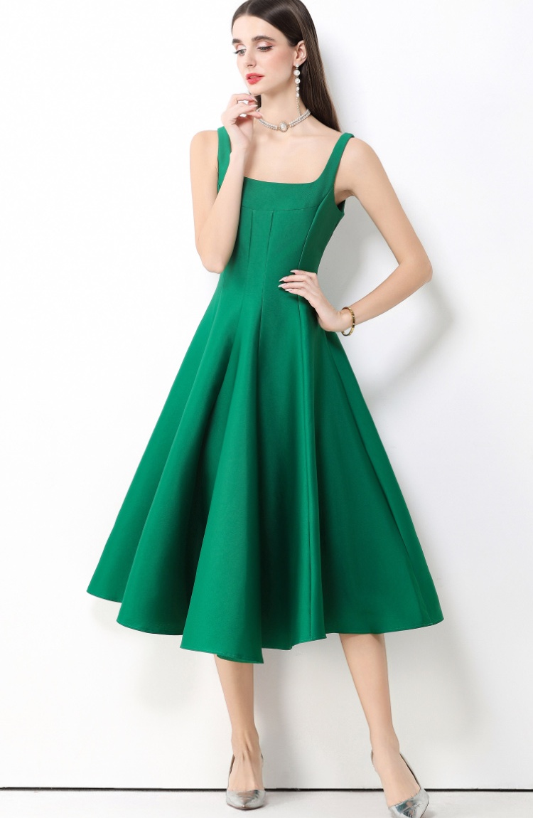 Slim commuting sling green elegant pinched waist dress