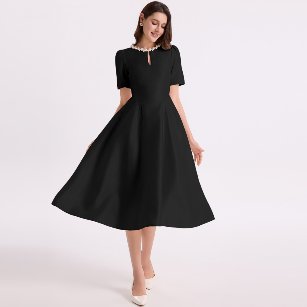 Pinched waist big skirt A-line round neck dress