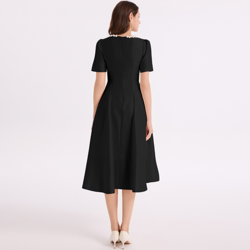 Pinched waist big skirt A-line round neck dress