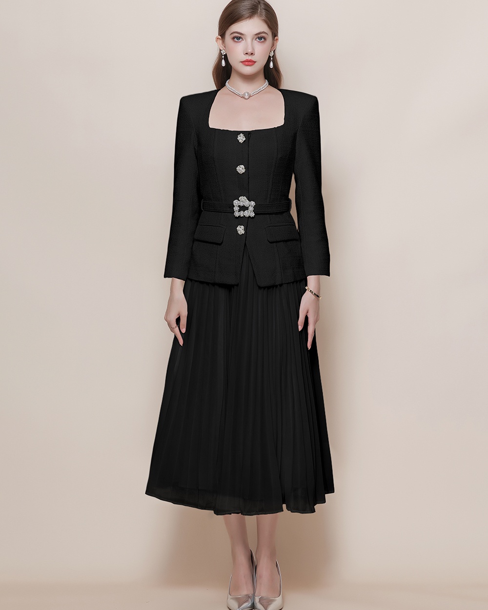 Pinched waist chiffon long dress splice dress