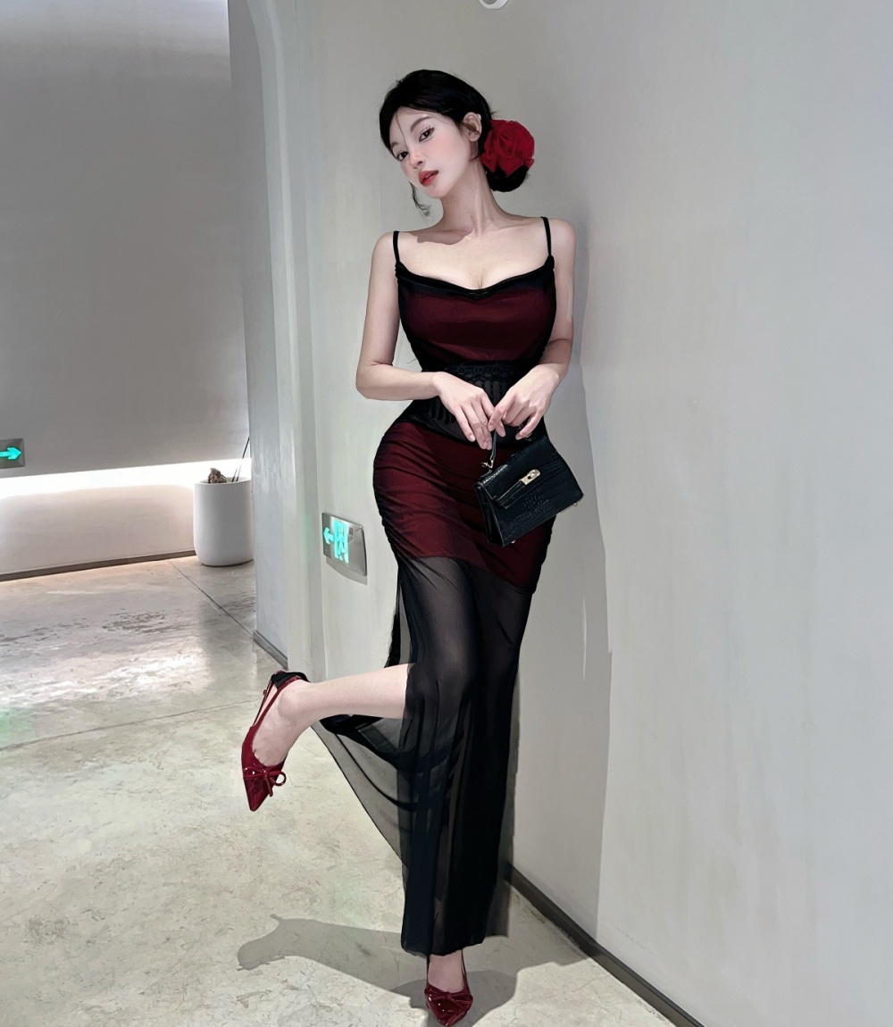 Sling low-cut long bottoming translucent dress