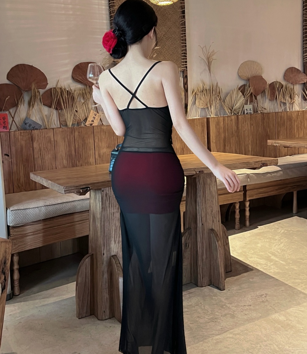 Sling low-cut long bottoming translucent dress
