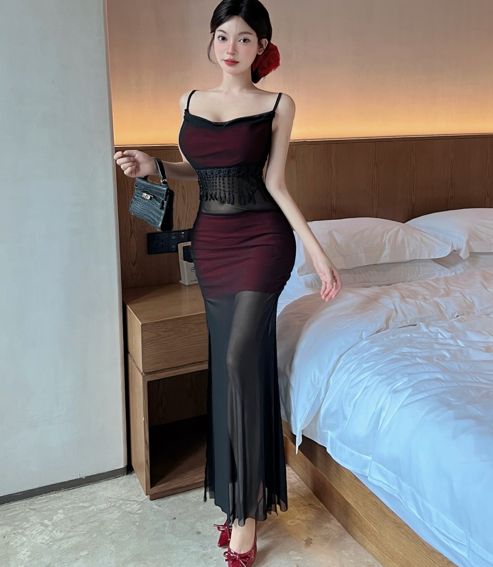 Sling low-cut long bottoming translucent dress
