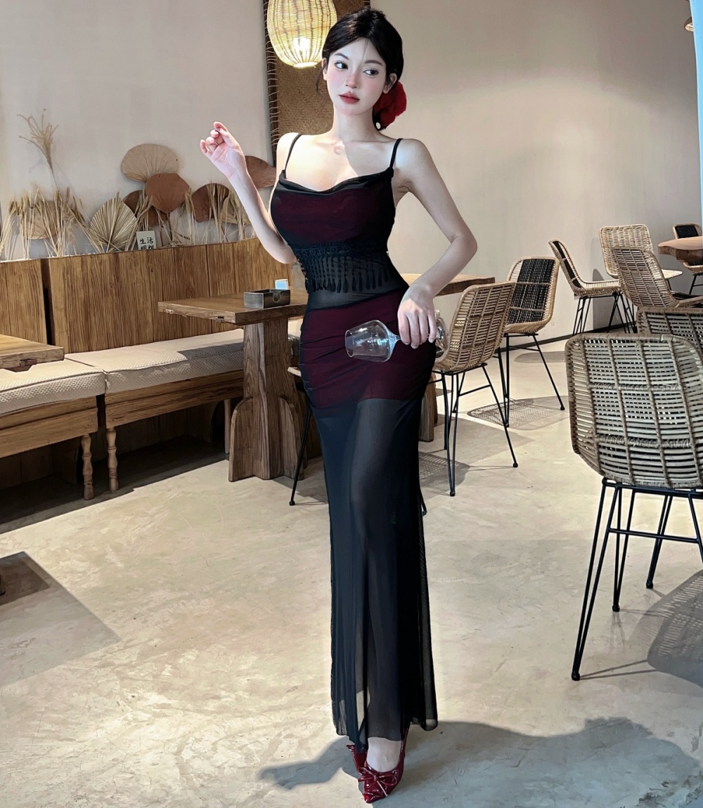 Sling low-cut long bottoming translucent dress