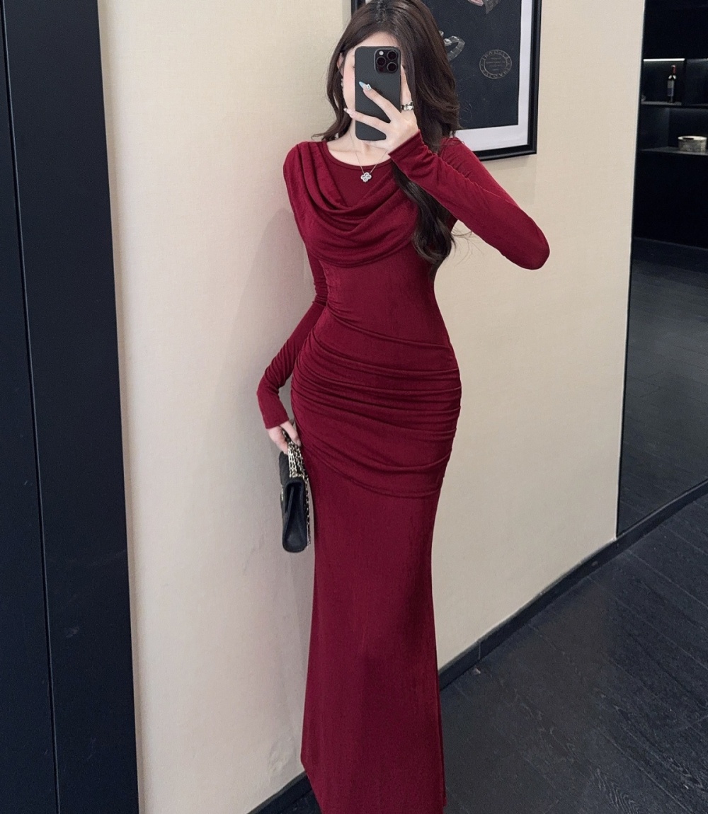 Temperament unique long dress fold dress for women