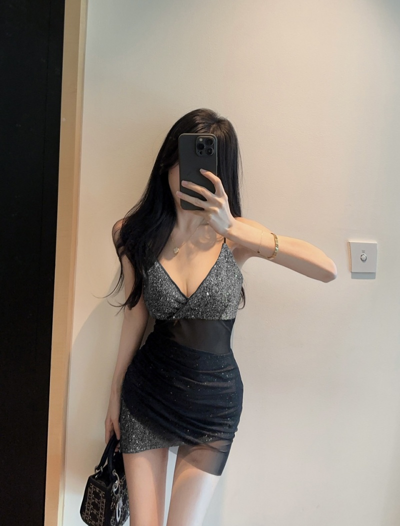 Gauze splice tassels flash bottoming sling dress