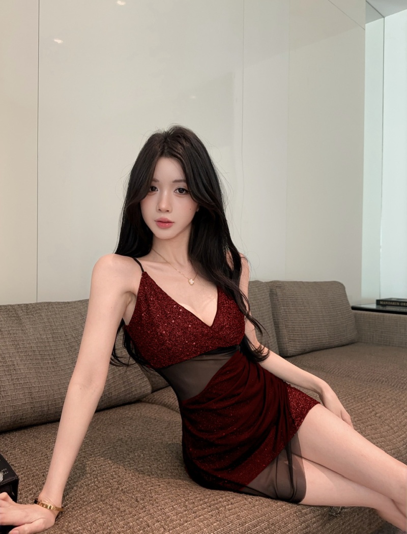 Gauze splice tassels flash bottoming sling dress