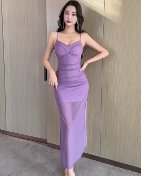 Low-cut sling bottoming gauze long dress