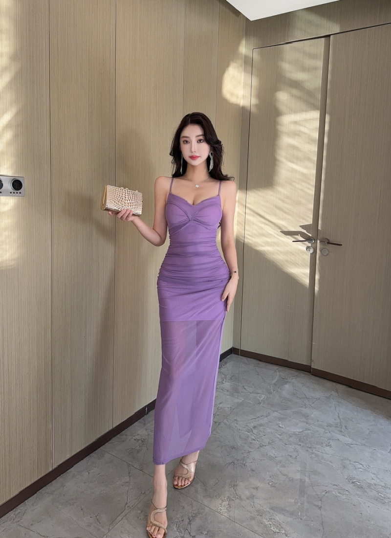 Low-cut sling bottoming gauze long dress