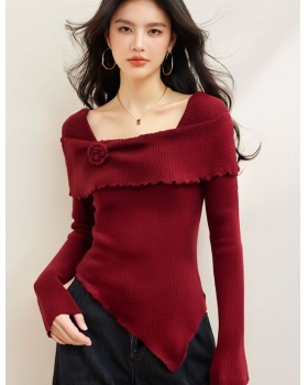 Red France style square collar irregular sweater for women