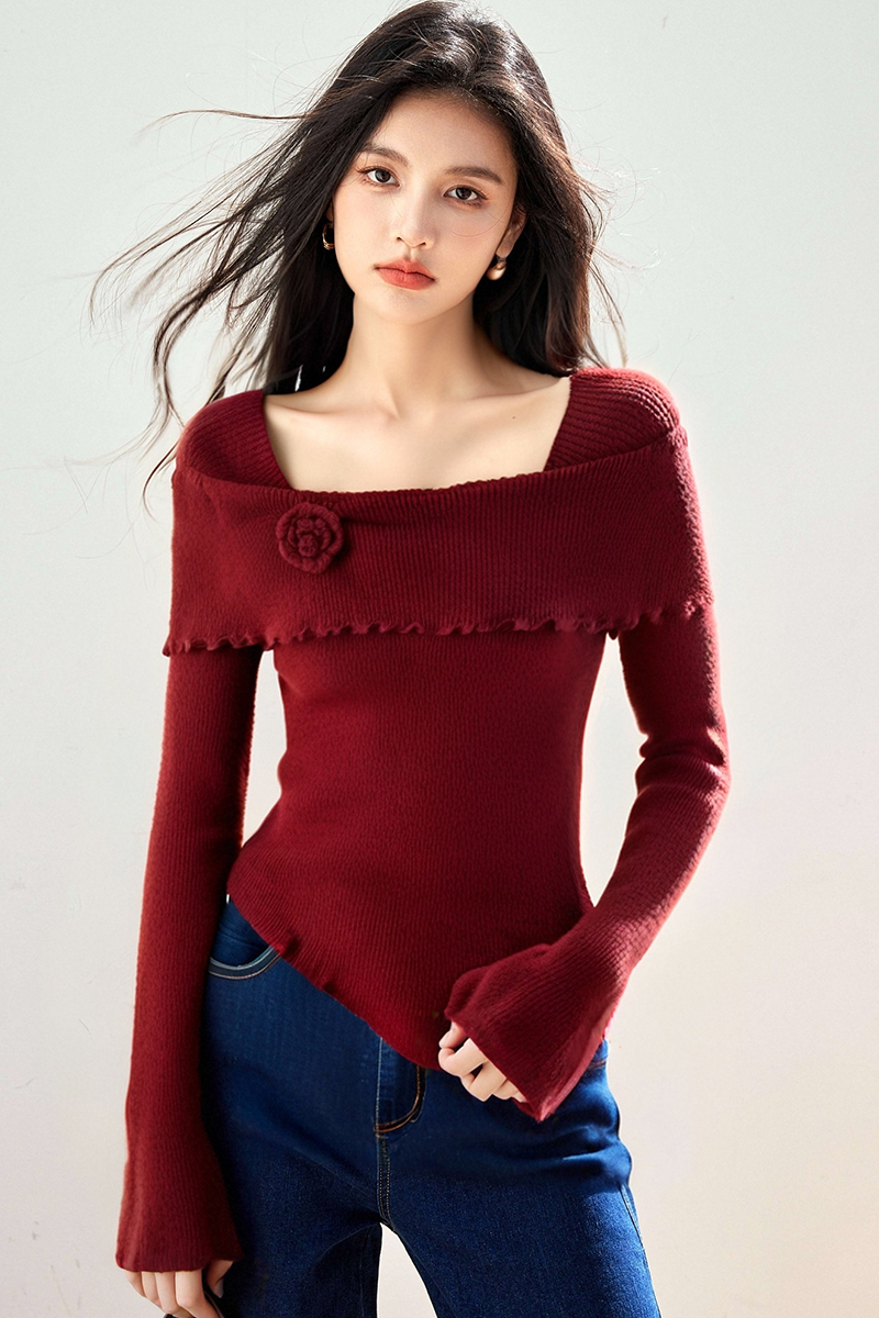 Red France style square collar irregular sweater for women
