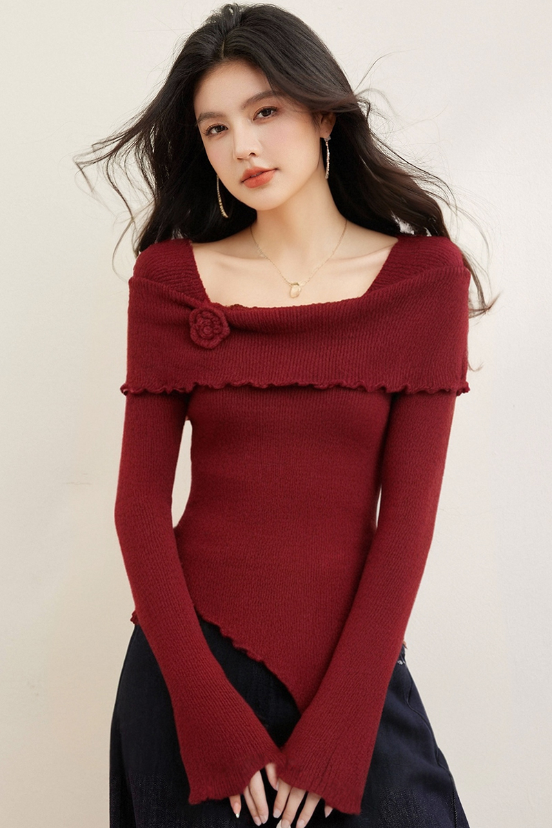 Red France style square collar irregular sweater for women
