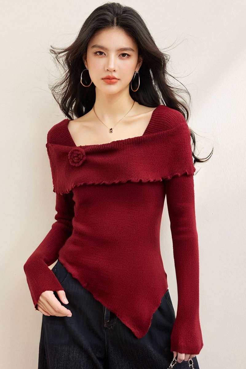 Red France style square collar irregular sweater for women