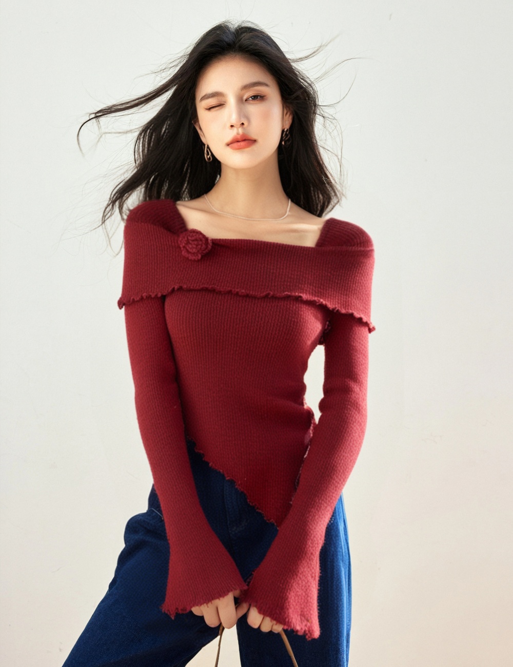 Red France style square collar irregular sweater for women