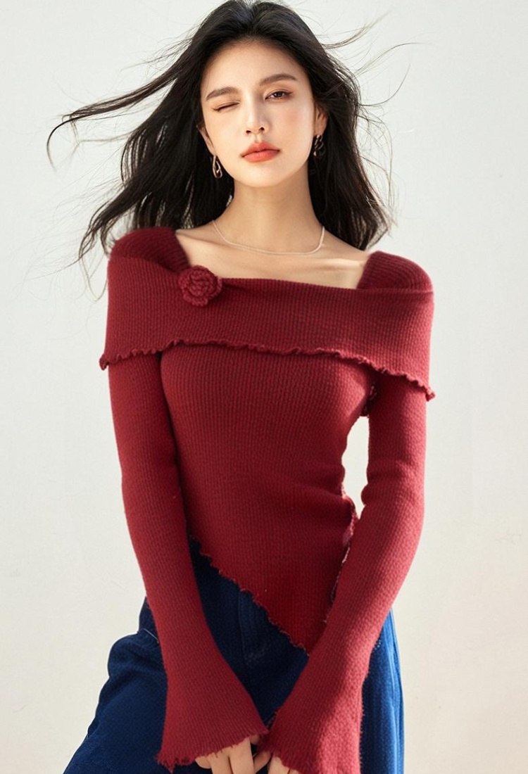 Red France style square collar irregular sweater for women