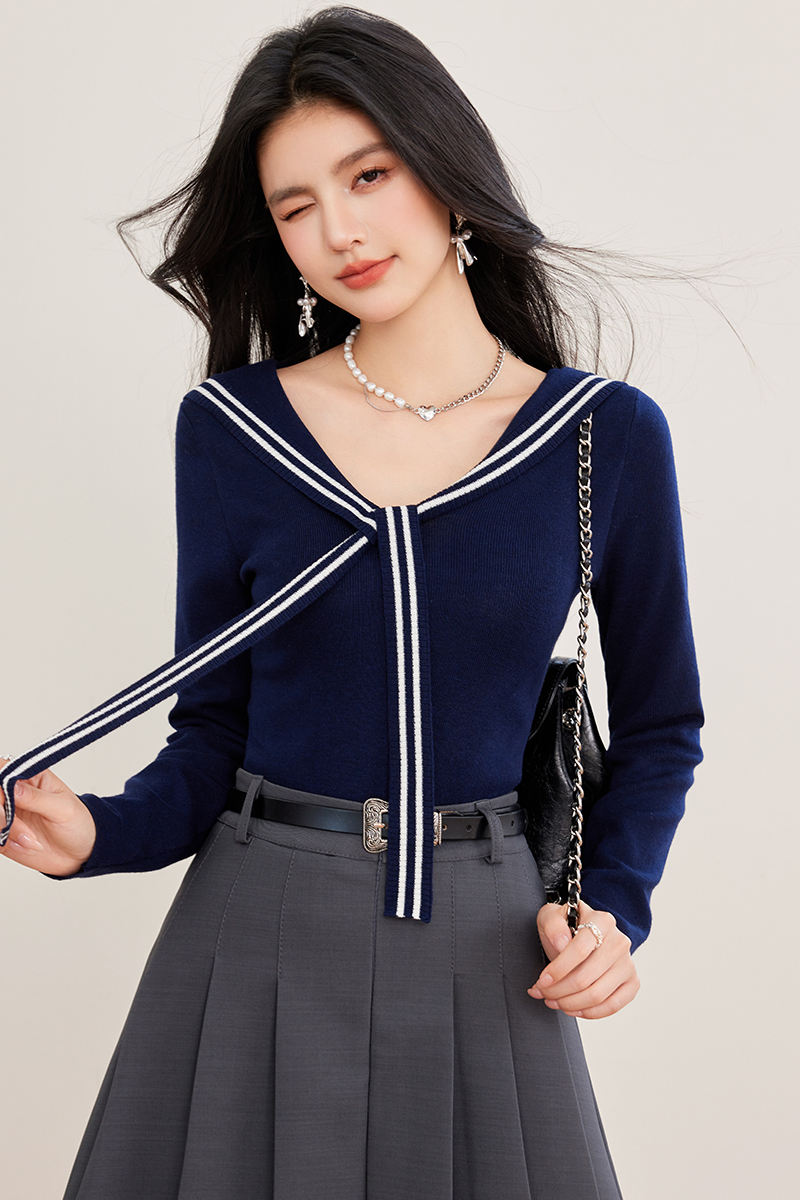 Temperament show young tops navy collar frenum T-shirt