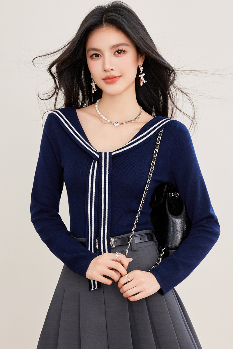 Temperament show young tops navy collar frenum T-shirt