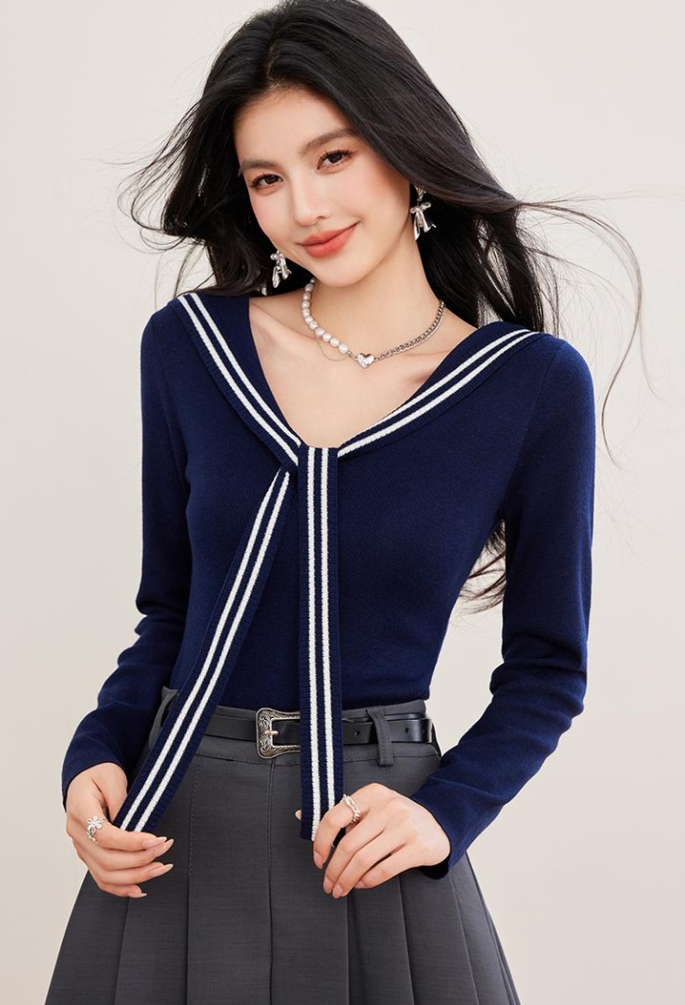 Temperament show young tops navy collar frenum T-shirt