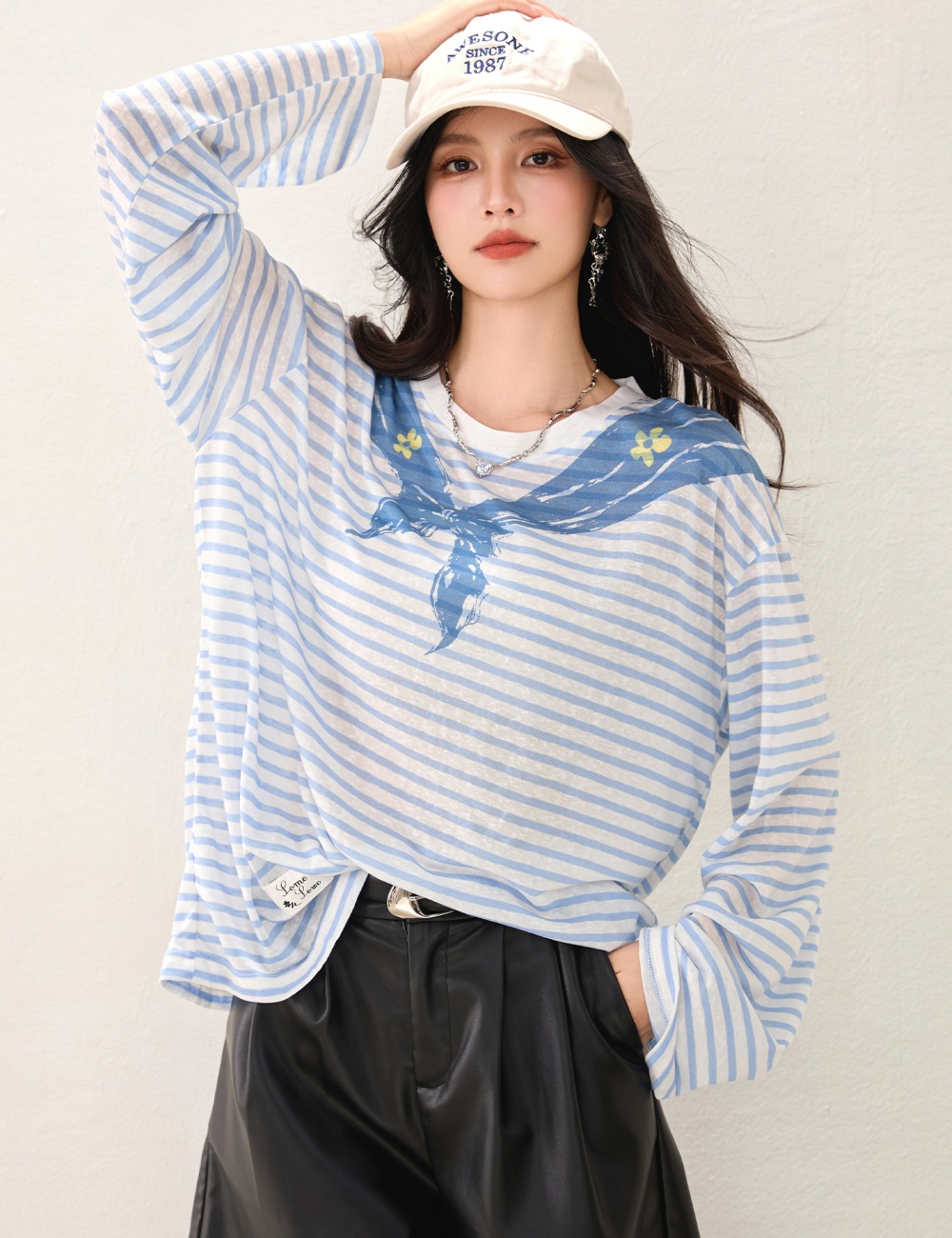 Spring navy collar long sleeve stripe tops for women
