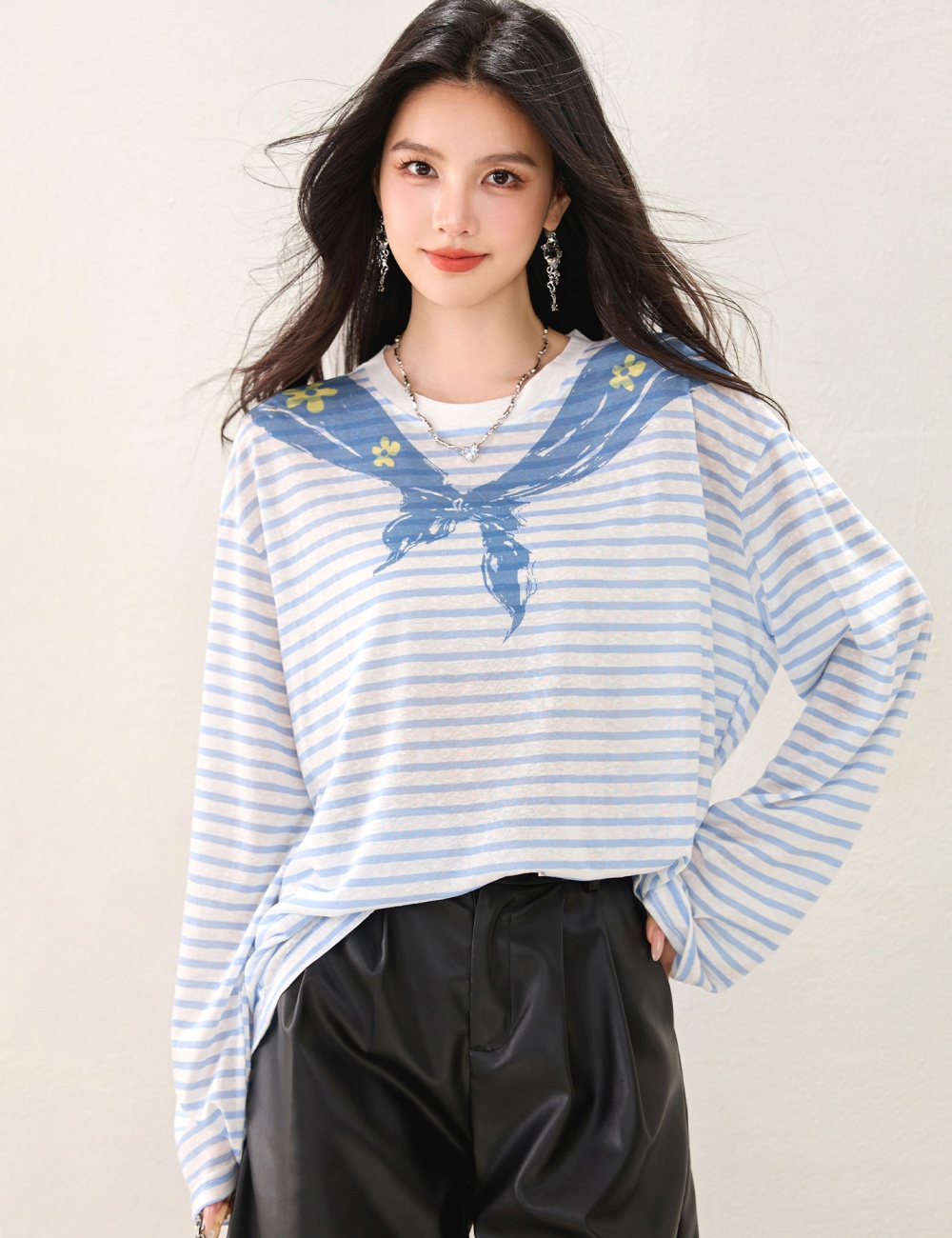 Spring navy collar long sleeve stripe tops for women