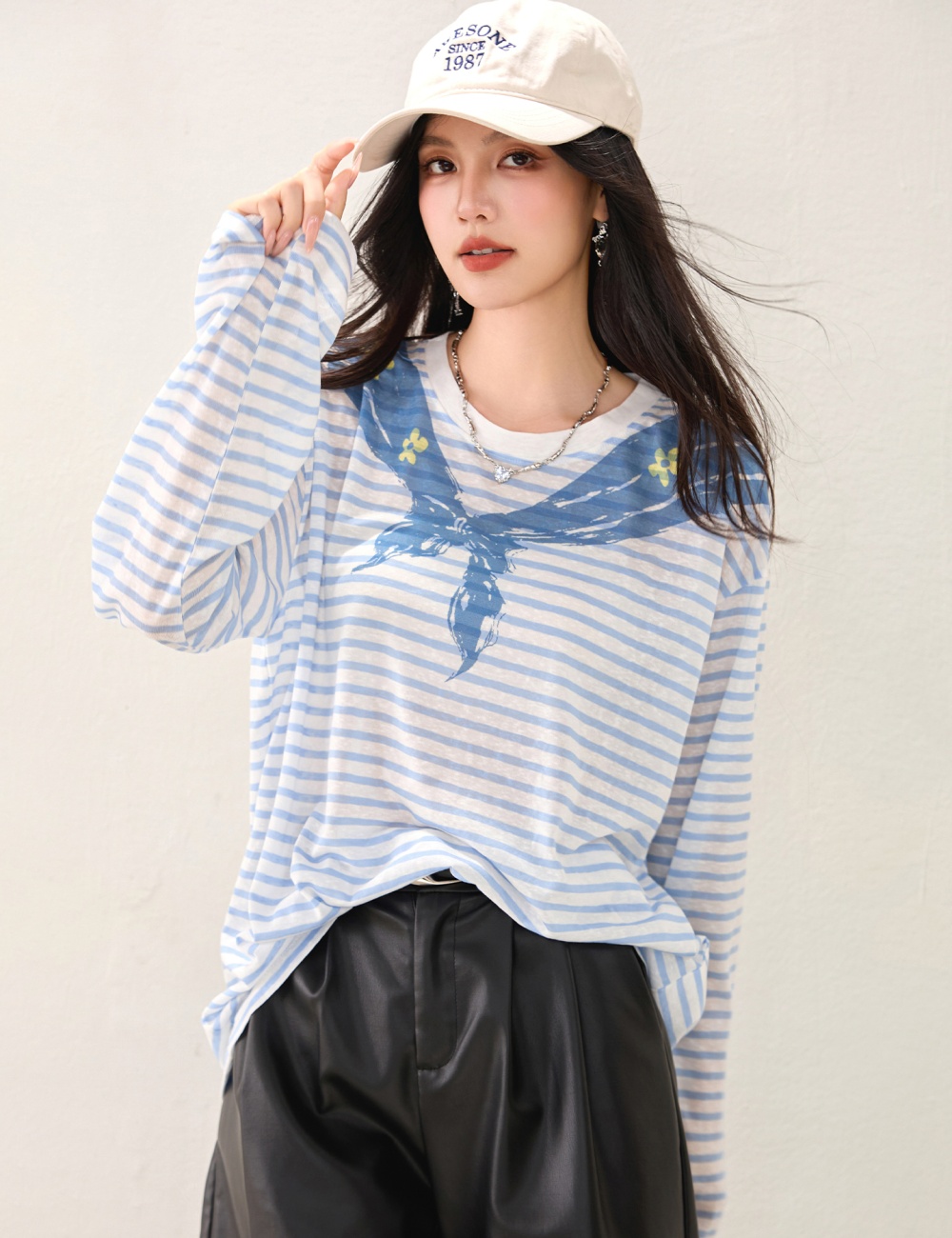 Spring navy collar long sleeve stripe tops for women