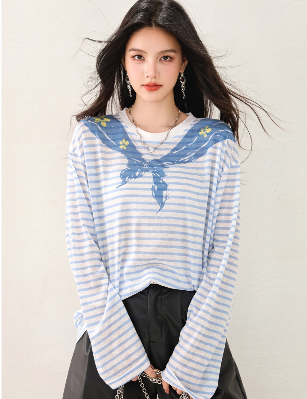 Spring navy collar long sleeve stripe tops for women