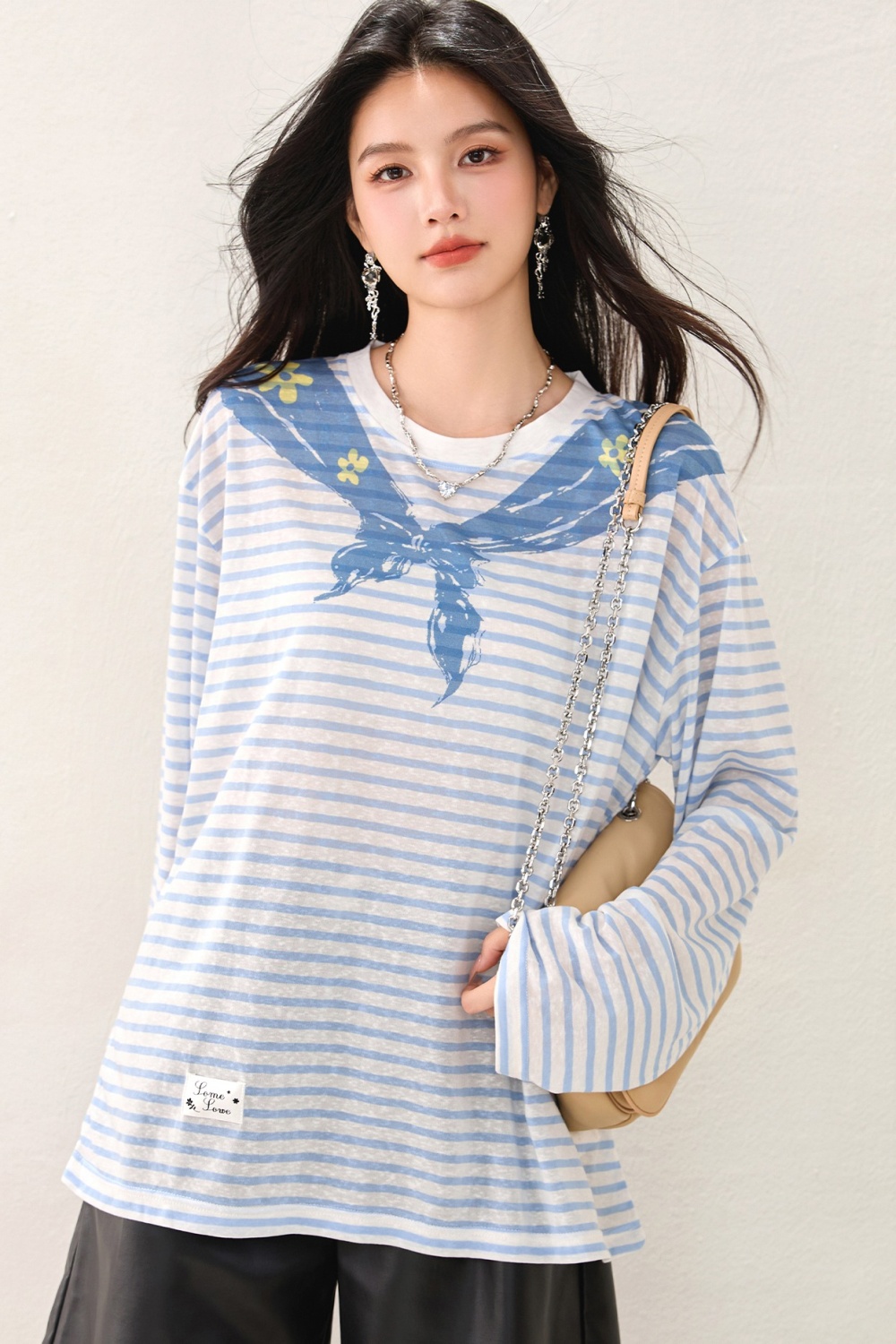 Spring navy collar long sleeve stripe tops for women