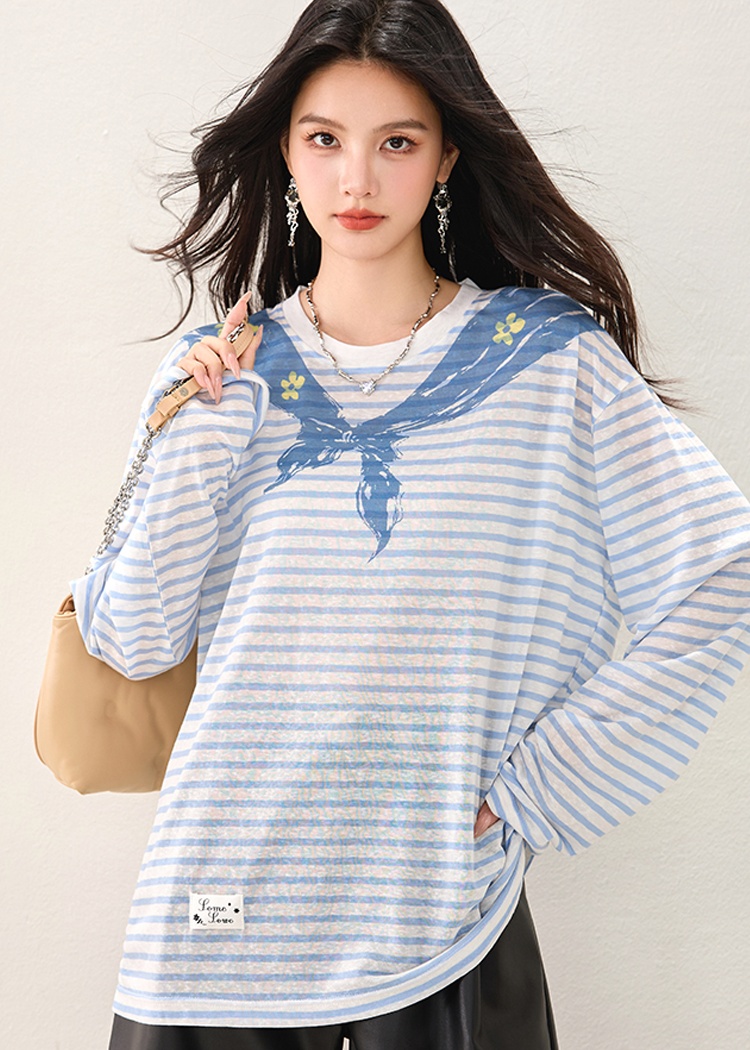 Spring navy collar long sleeve stripe tops for women