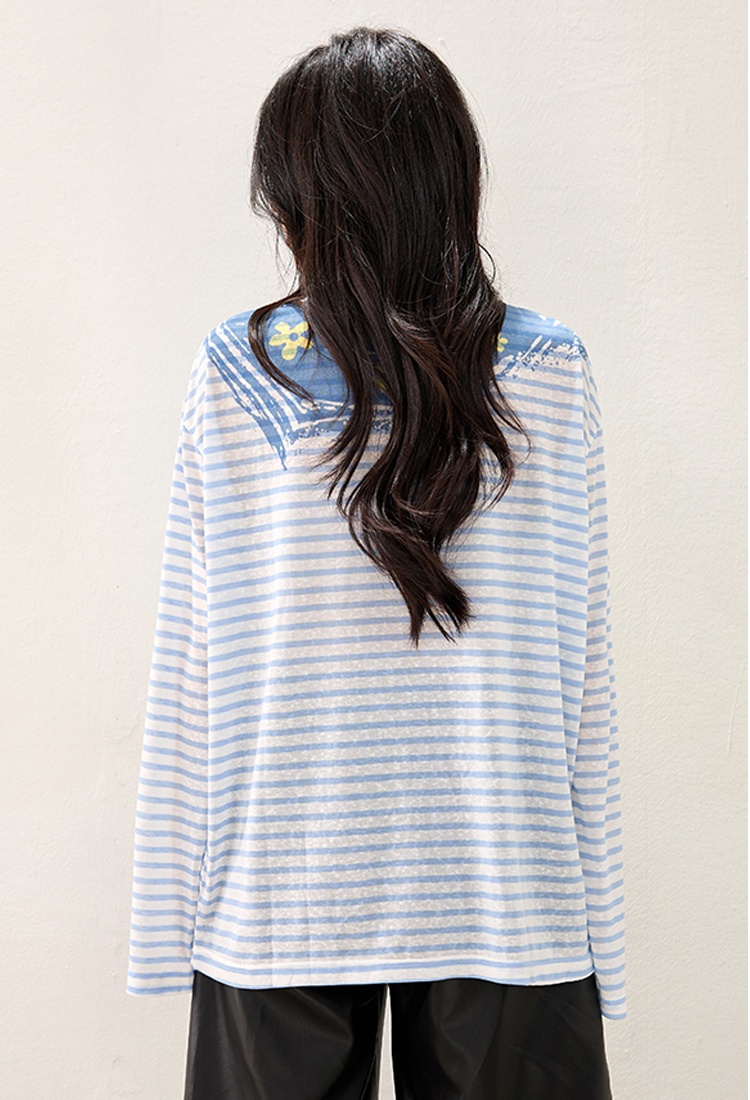 Spring navy collar long sleeve stripe tops for women
