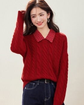 Red polka dot tops Pseudo-two spring sweater
