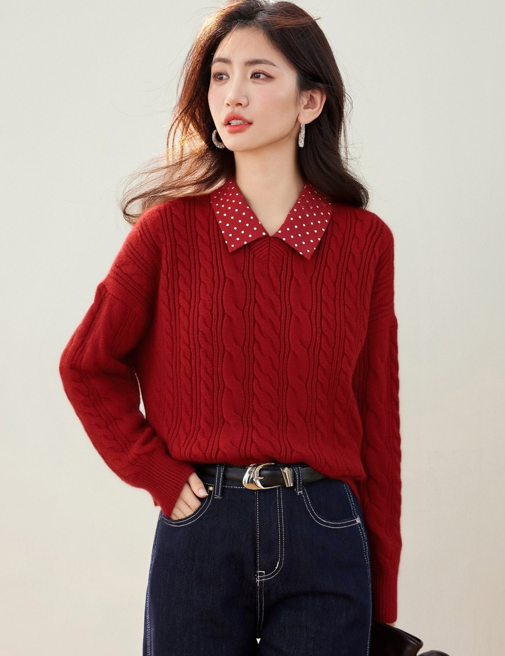 Red polka dot tops Pseudo-two spring sweater