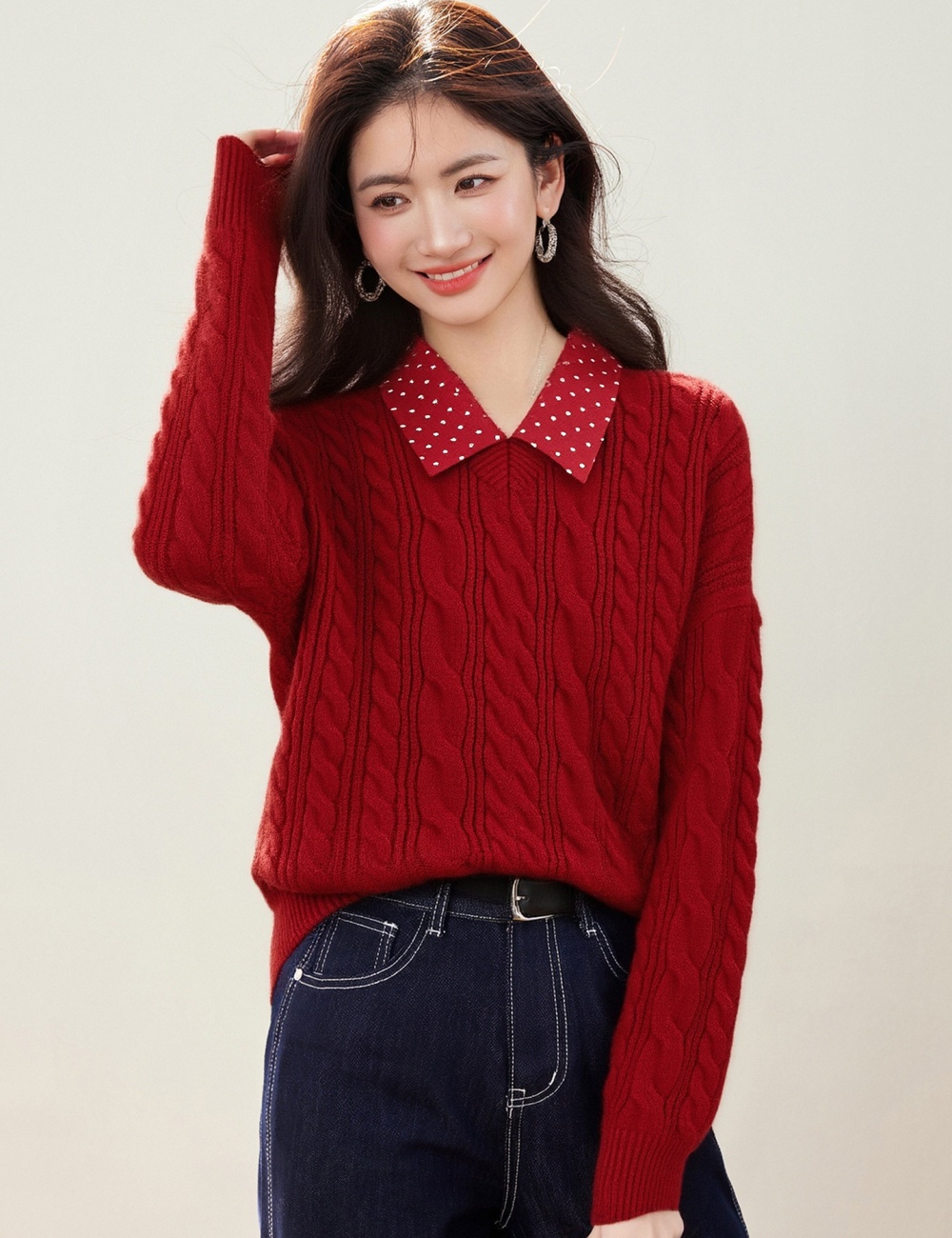 Red polka dot tops Pseudo-two spring sweater