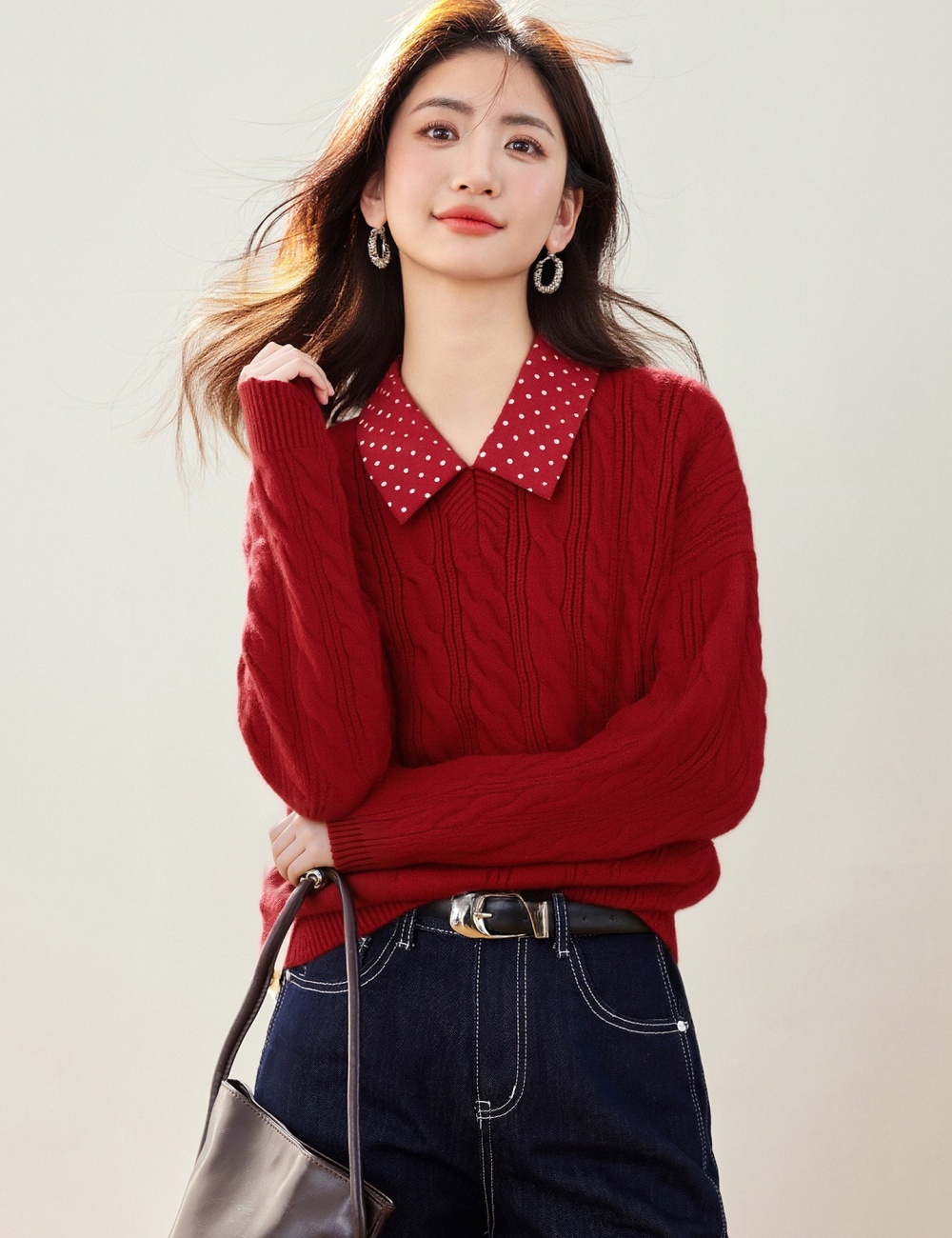 Red polka dot tops Pseudo-two spring sweater
