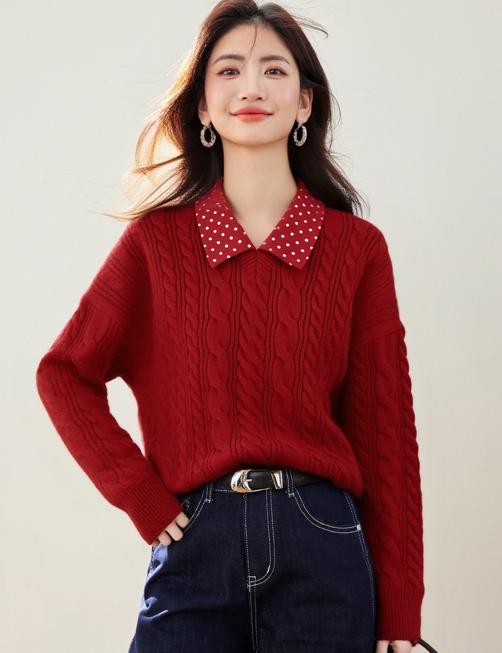 Red polka dot tops Pseudo-two spring sweater