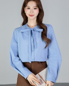 Stripe round neck bow frenum all-match spring shirt