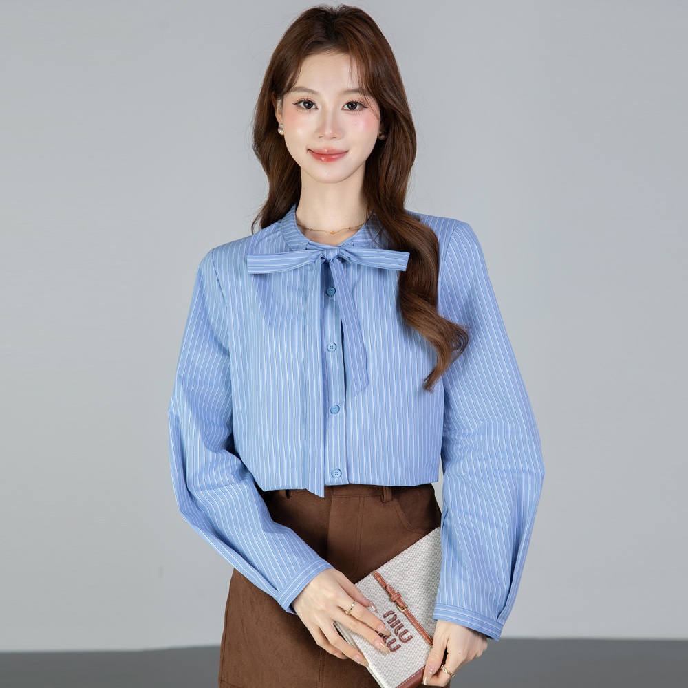 Stripe round neck bow frenum all-match spring shirt