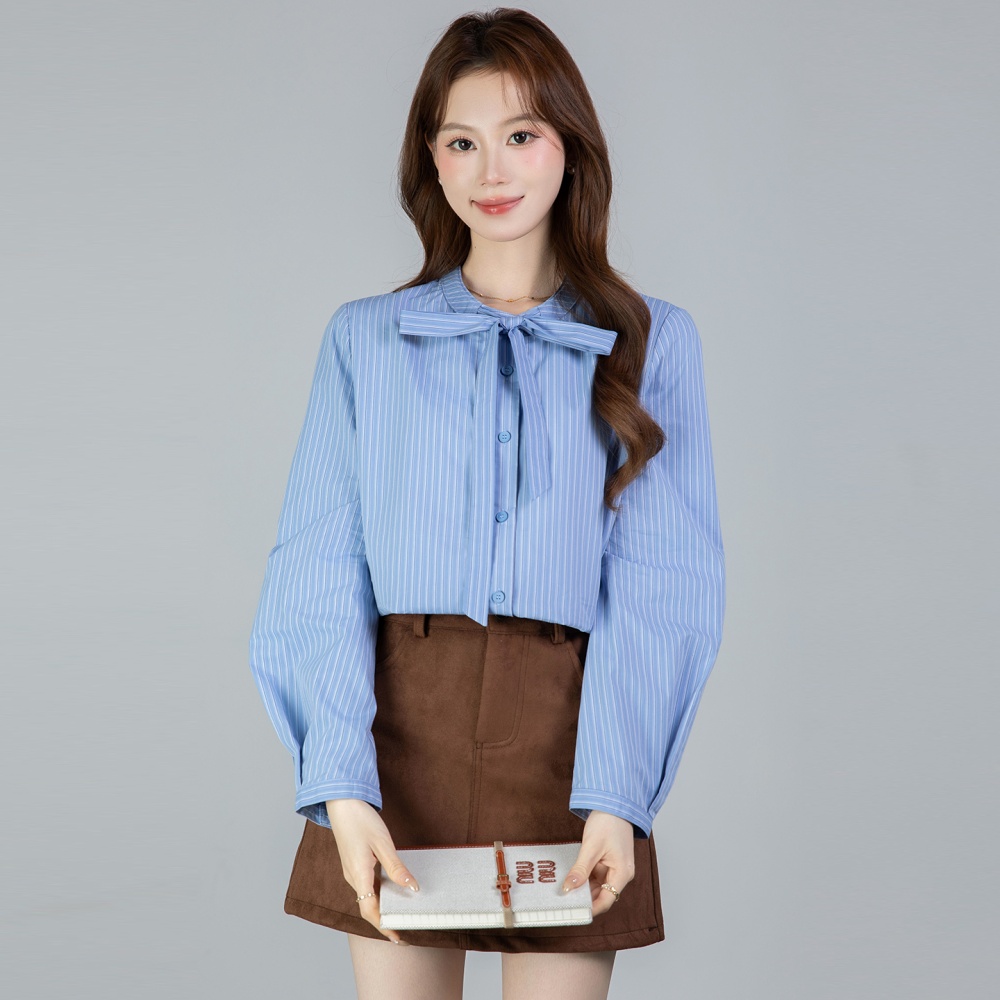 Stripe round neck bow frenum all-match spring shirt