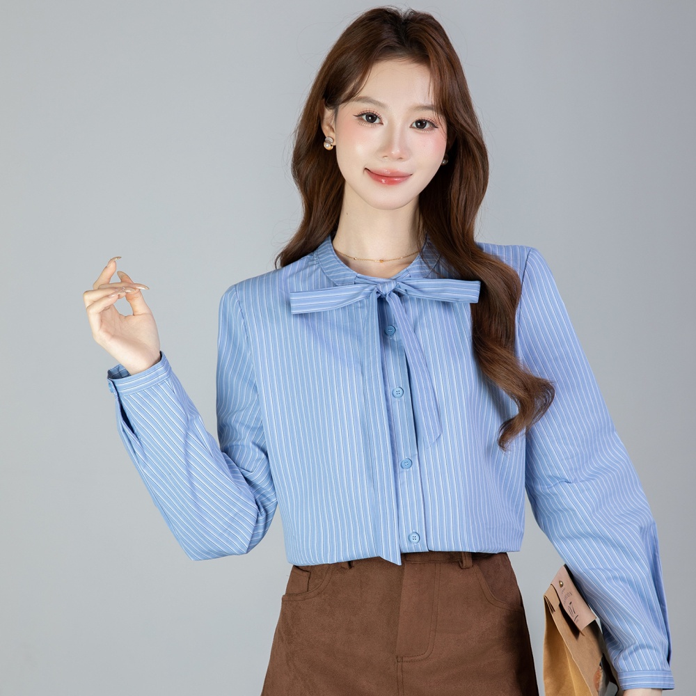 Stripe round neck bow frenum all-match spring shirt