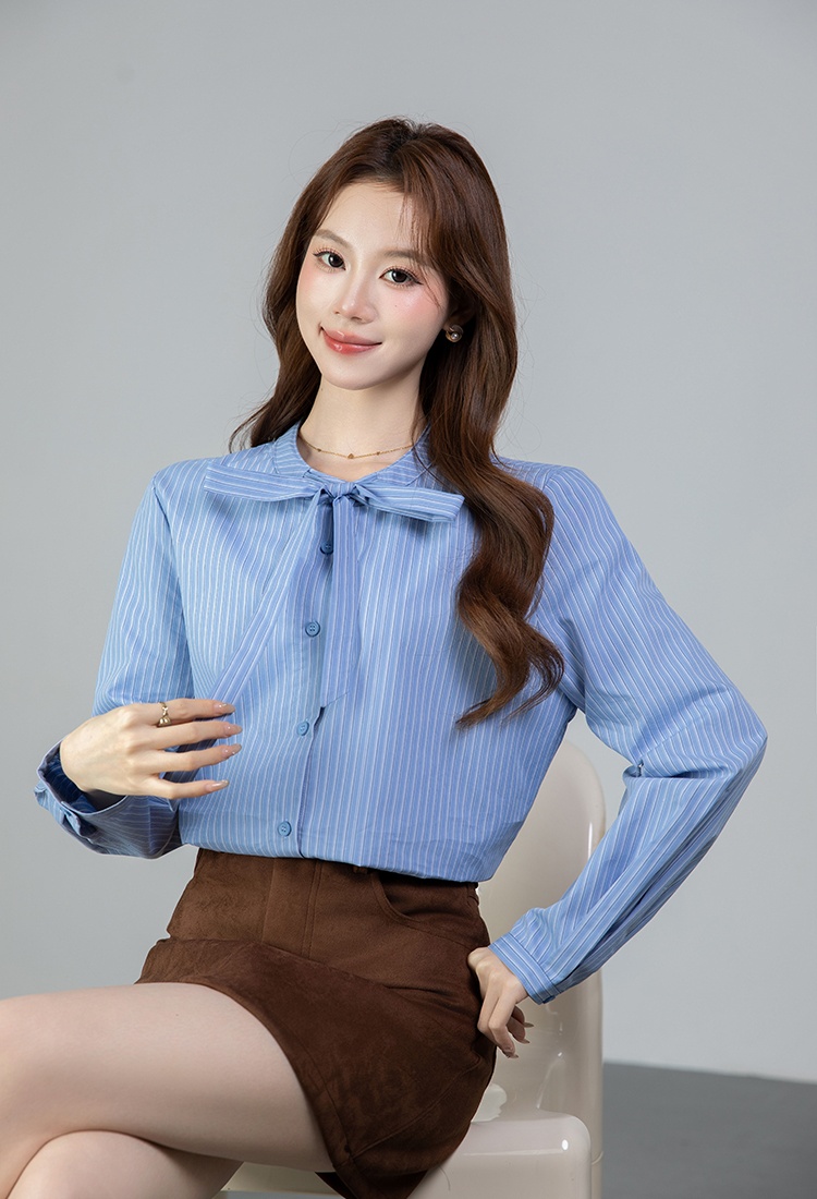 Stripe round neck bow frenum all-match spring shirt