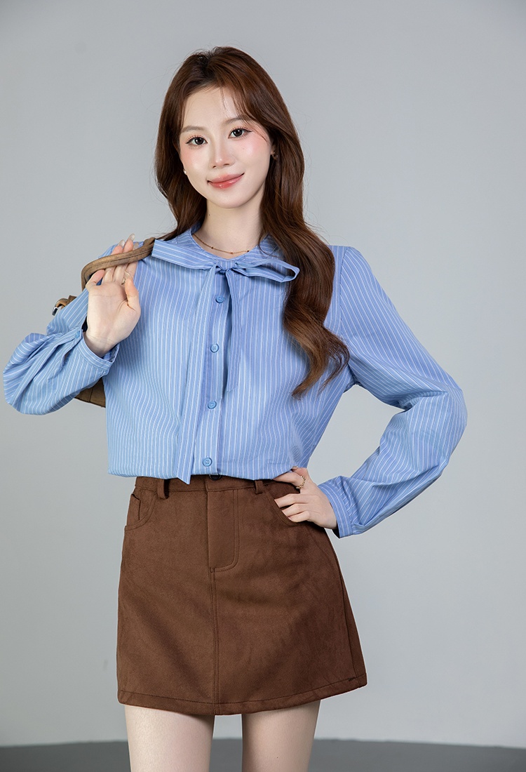 Stripe round neck bow frenum all-match spring shirt