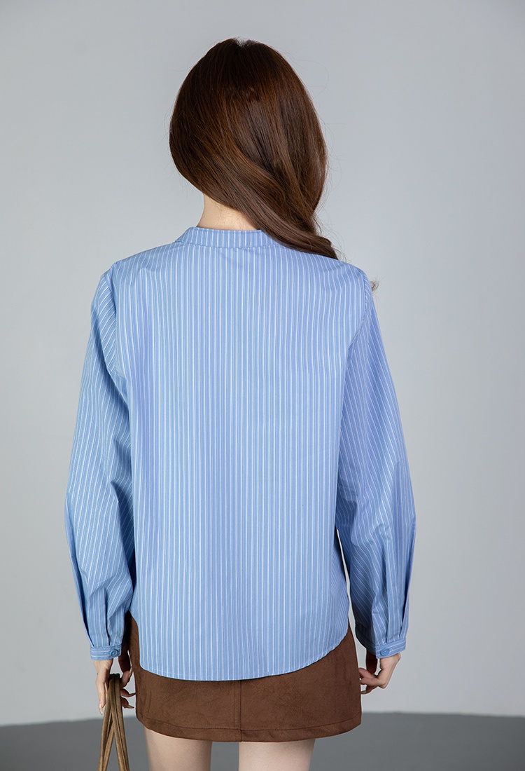 Stripe round neck bow frenum all-match spring shirt