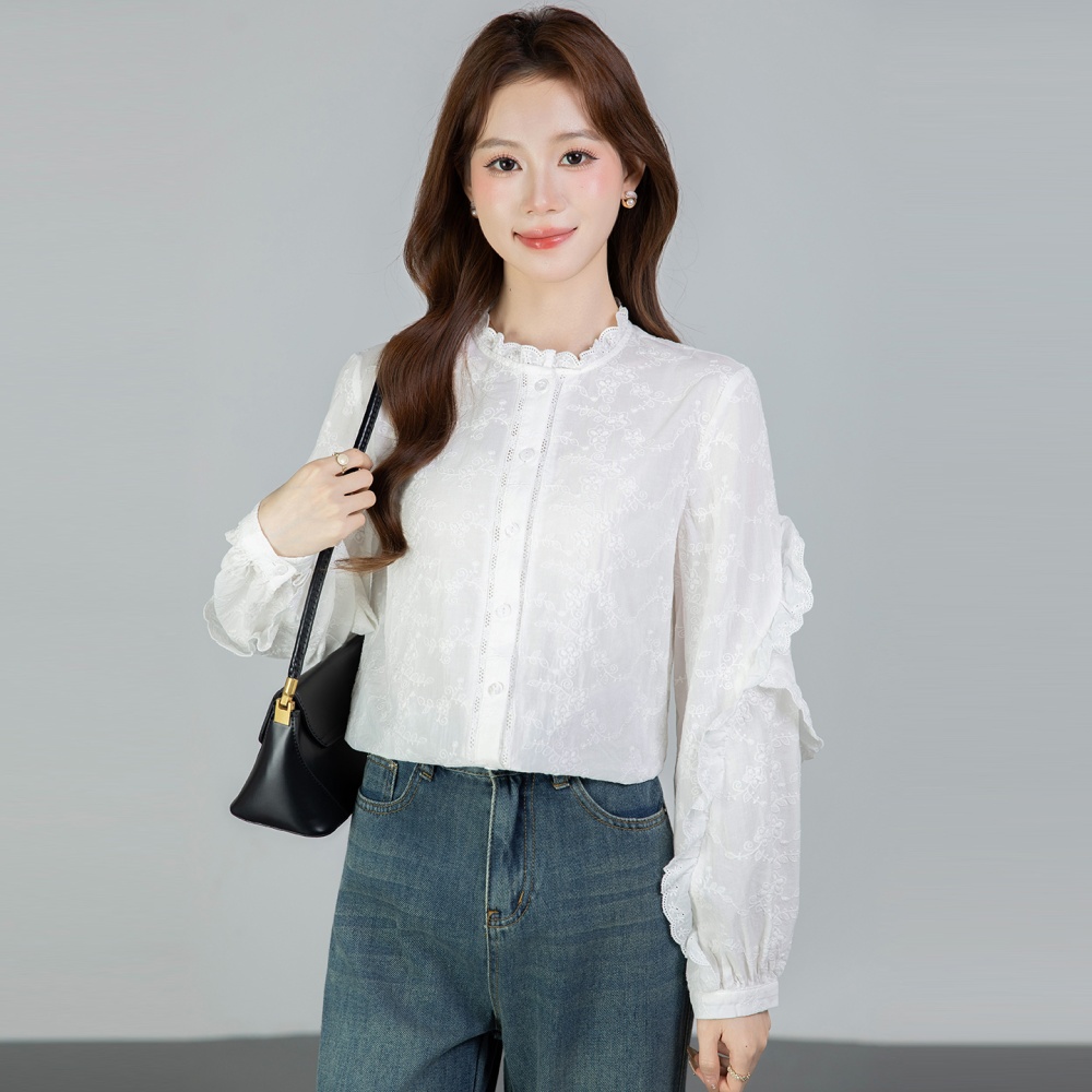 Spring round neck tops embroidered all-match shirt for women